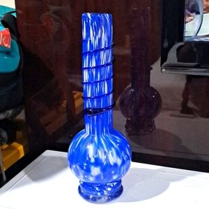 Blue & White Contemporary Murano Art Glass Flower Cylinder Vase
